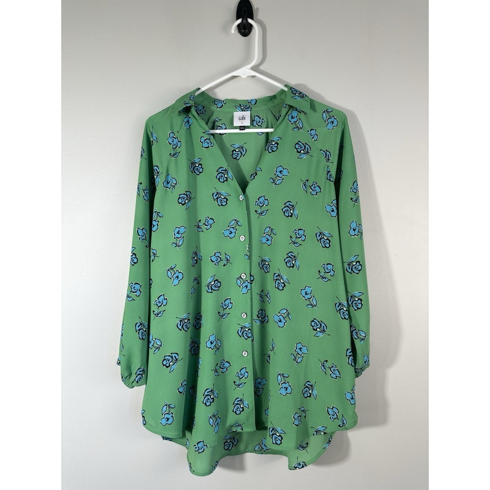 Cabi Top Womens Small Green Floral Go To‎ Blouse Oversized Lightweight Button Up